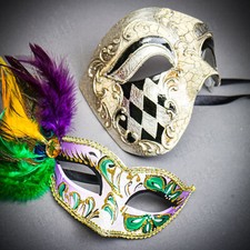 Venetian Silver Phantom Men Women Colorful Feather Mardi Gras Eye Couple Mask