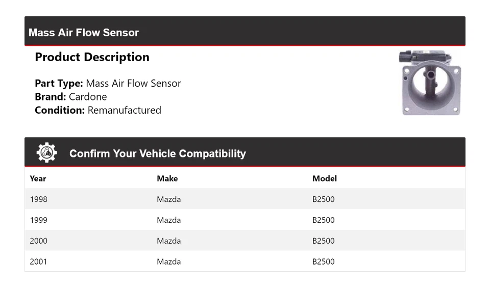 Sensor de flujo de aire masivo Cardone 1999 2000 para Mazda B2500 1998-2001 Foto 2 de 4