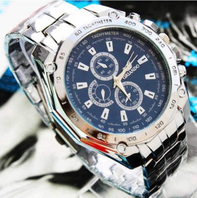 Fashionable Quartz Three-Eye Large Dial Men's Watch with Steel Belt in White, Bl