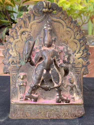 16th c Ancient Bronze Rare Hindu Lord Vishnu Virbhadra Sculpture Plate Plaque
