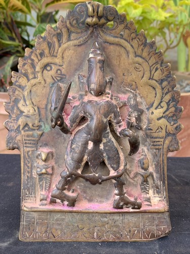 16th c Ancient Bronze Rare Hindu Lord Vishnu Virbhadra Sculpture Plate Plaque - Picture 1 of 11