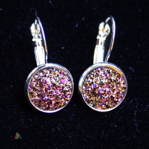 ORECCHINI STAMPATI ARGENTO 925 & CABOCHON DRUSO RESINA SCINTILLANTE 24X12mm LEVA POSTERIORE - Foto 8 di 10