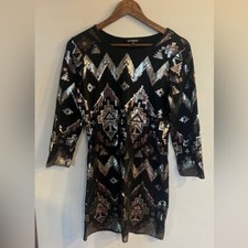 EXPRESS Women’s Black Silver Sequin Aztec Pattern Long Sleeve Dress Size M