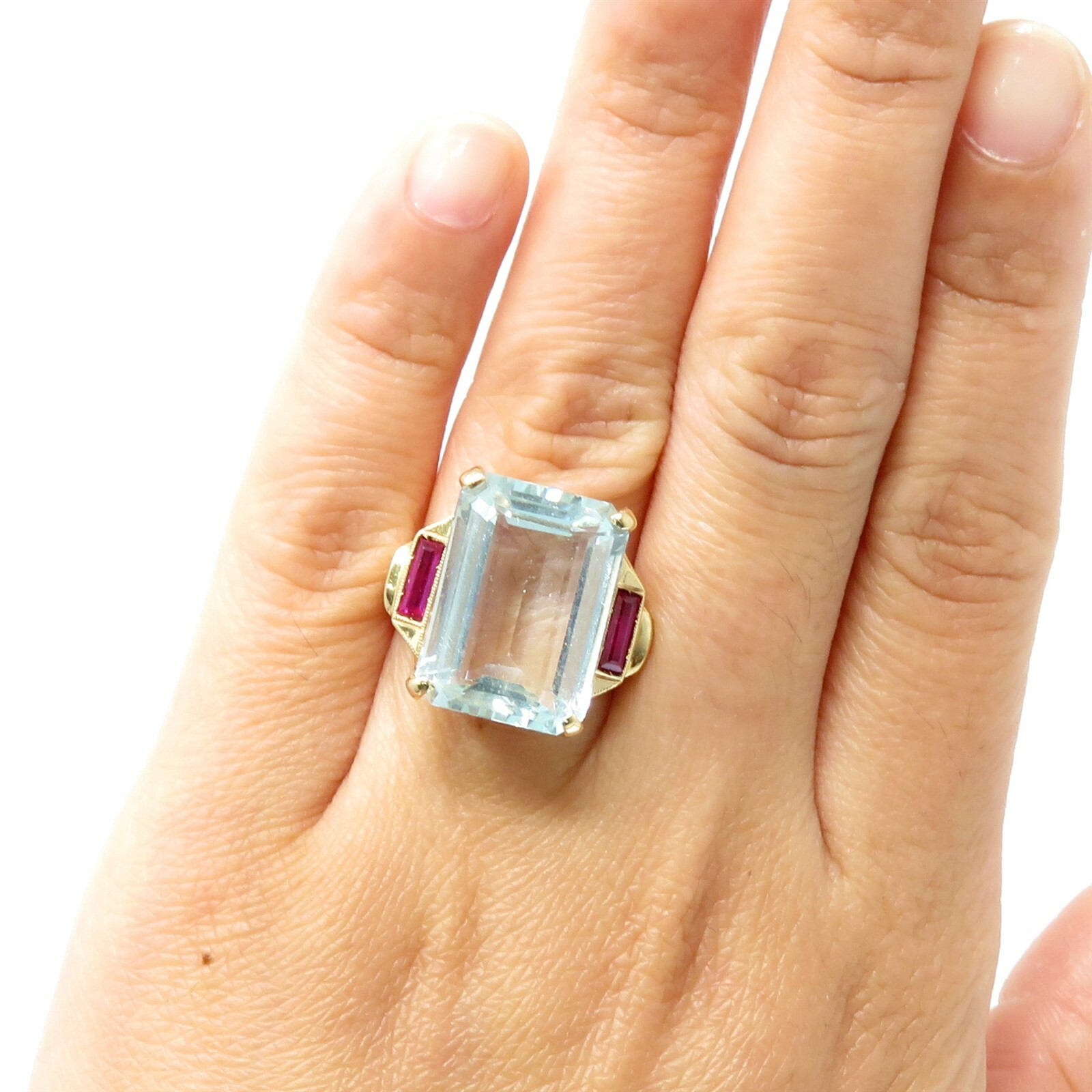 NYJEWEL 14k Yellow Gold 12ct Aquamarine Ruby Ring - image 4