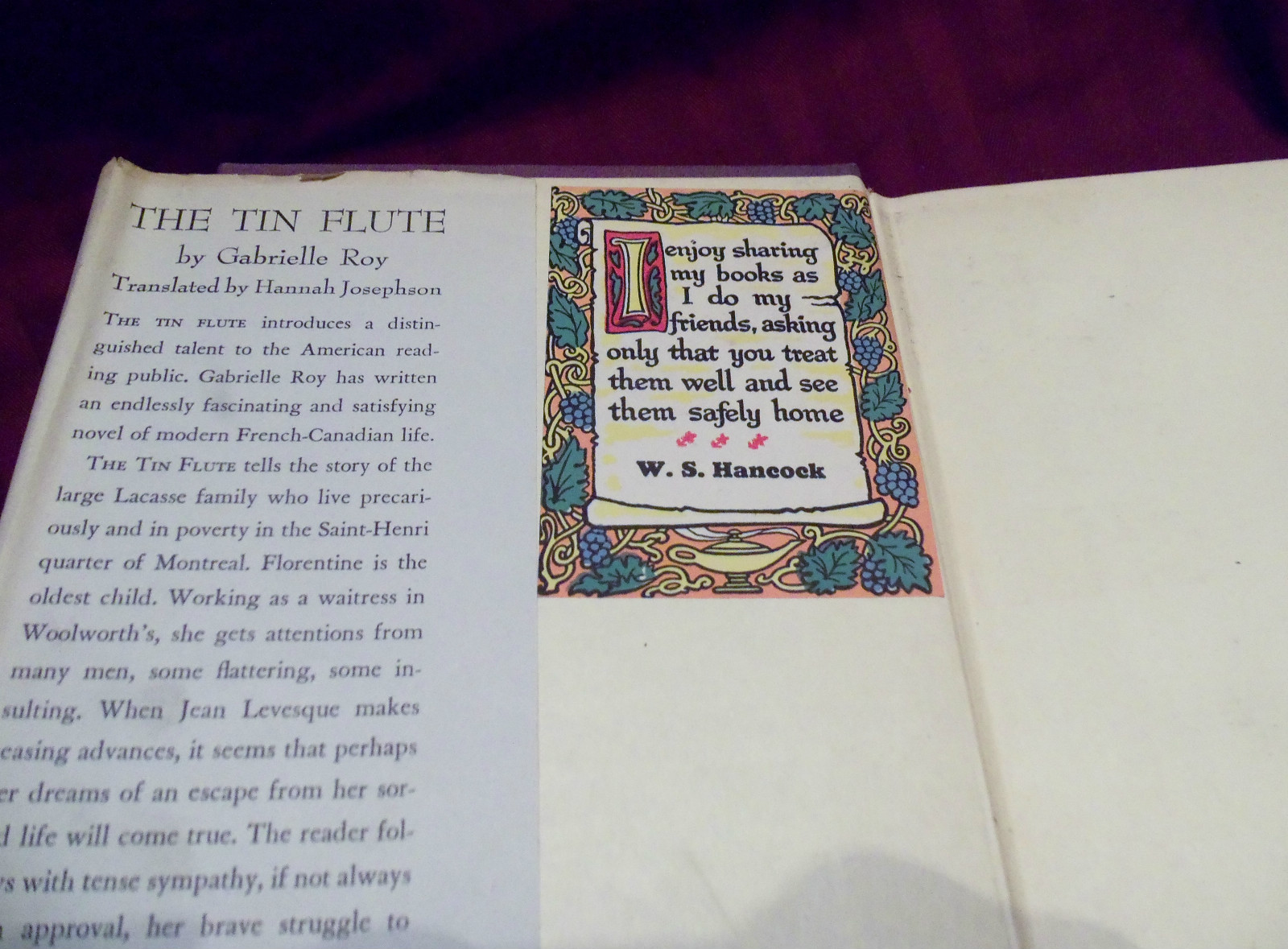 THE TIN FLUTE A BITTER SWEET LOVE STORY GABRIELLE ROY 1947 HARDCOVER