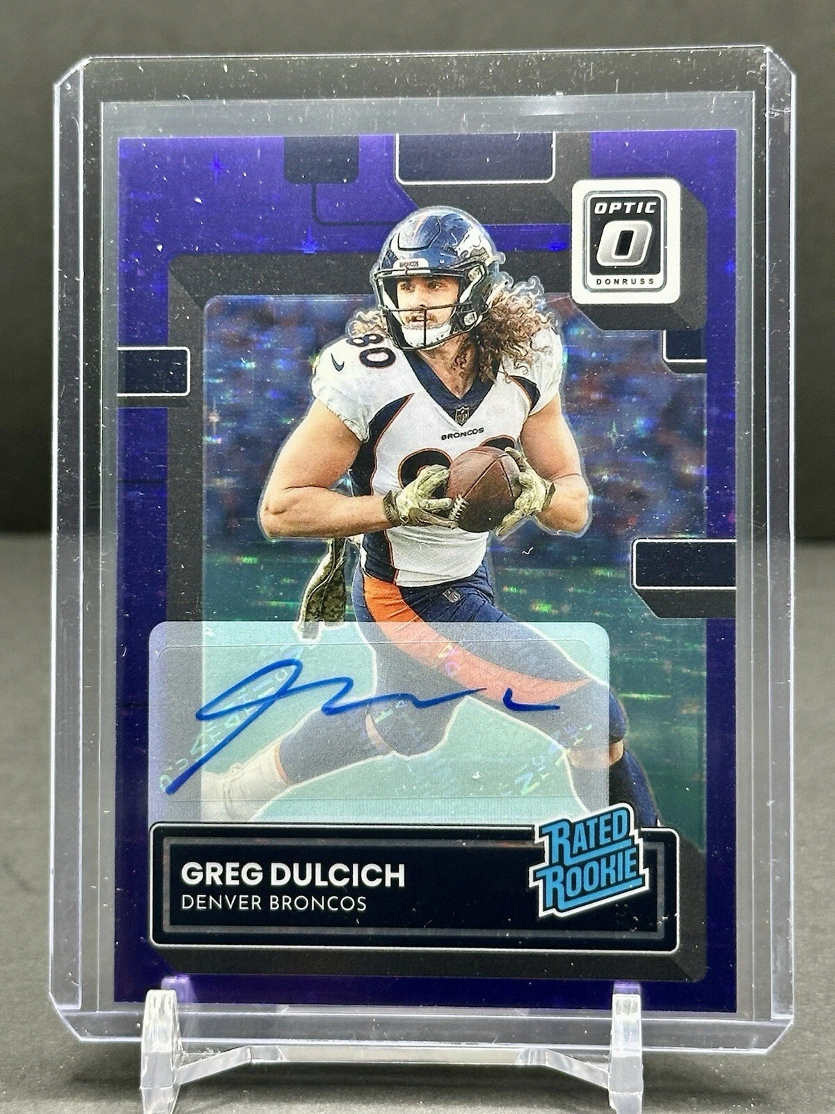 2022 Donruss Optic Greg Dulcich #288 Autograph Purple Stars /50 RC Broncos