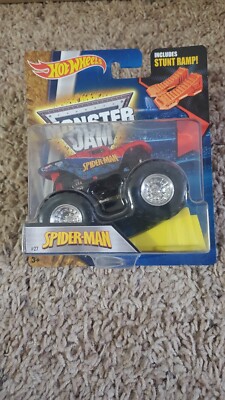HOT WHEELS Monster Jam SIDERMAN Truck 1:64 Scale Yellow Stunt Ramp Marvel NIP