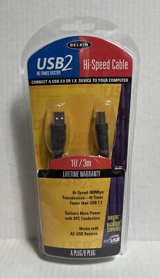 Belkin USB2 Hi Speed Cable 10'/3m F3U133-10 Windows & Mac USB-A to USB-B NEW NIP