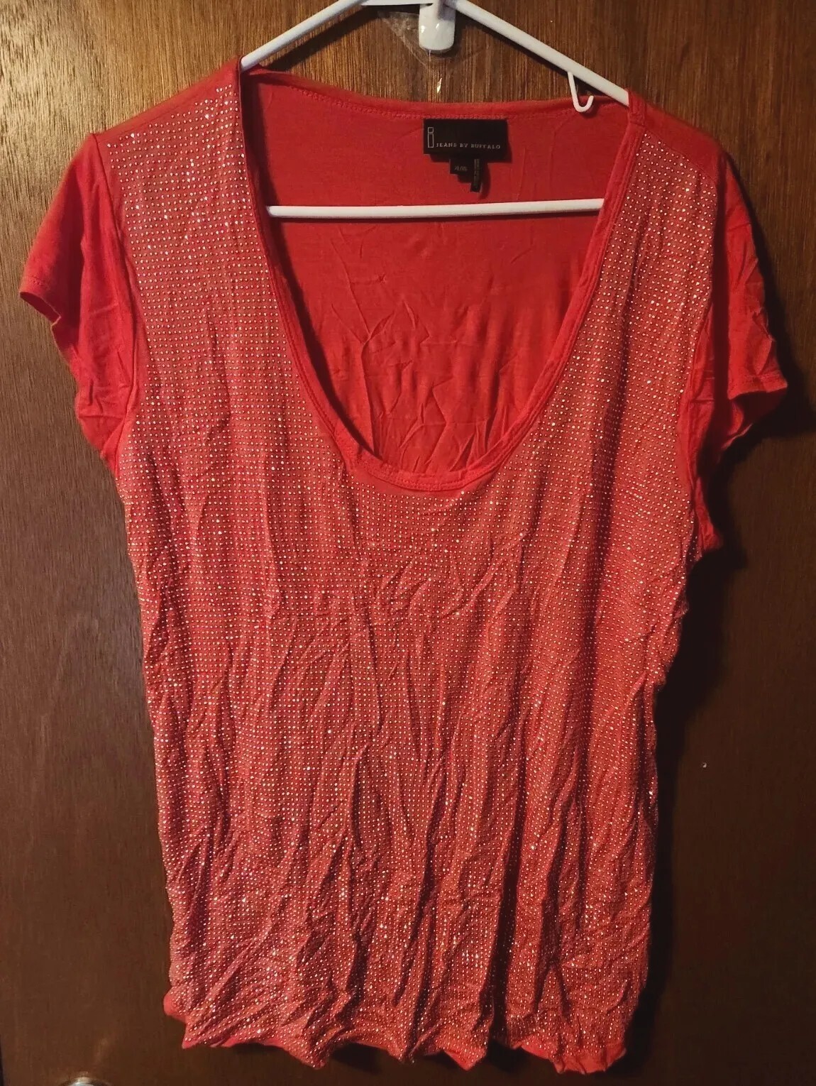 Buffalo Women's XL Pink Rhinestone Scoop Neck Short Sleeve Shirt-image