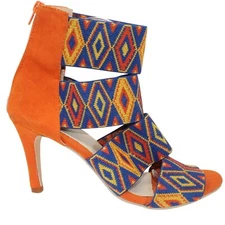 Tribal Gladiator 9.5M Blue Orange Multicolored Ankle Strap Zipper Accent Heels