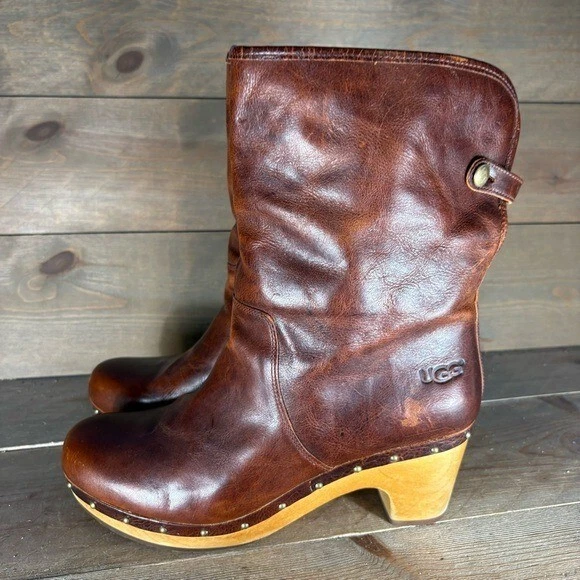 ugg lynnea linea donna misura 10 scarpe stivali marroni pelle foderati sherpa tacco pieghevole