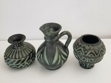 Set of 3 Art Pottery Vases Relief Dark Green Raised Pattern Mid-Century Style
