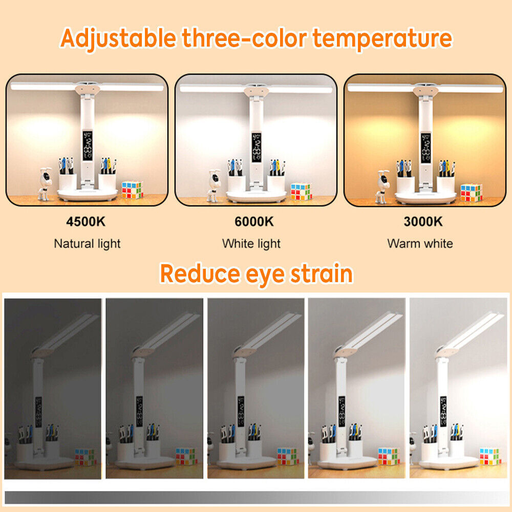 LED Schreibtischlampe Dimmbar Mit Uhr, Wecker & Thermometer – In Weiß, 3 Lichtfarben, Stifthalter