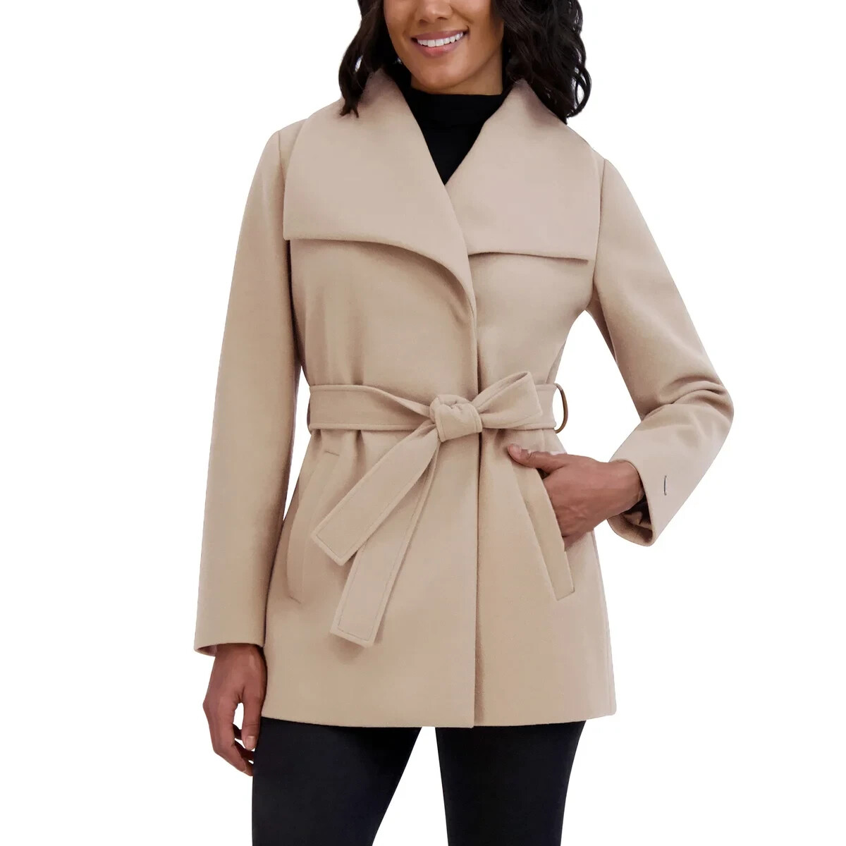 Tahari Women's Coat Wrap Faux Wool Water-Resistant Pockets Tie