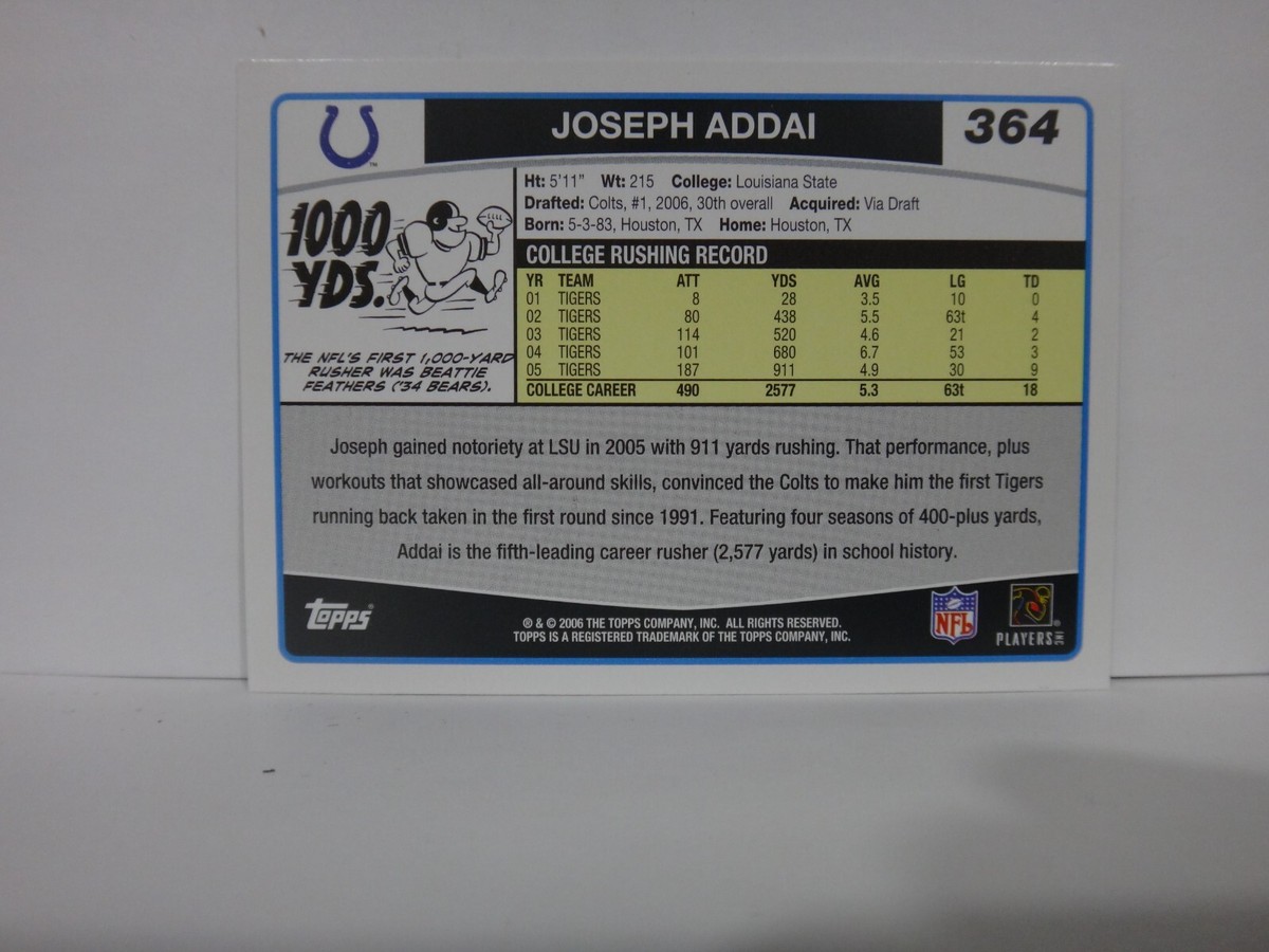 Joseph Addai 2006 Topps #364 Rookie RC Indianapolis Colts | eBay