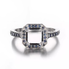 7mm Cushion Cut Semi Mount Ring 925 Sterling Silver Blue Accent Halo Women Ring