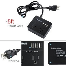 Power Strip,3 Outlets  2 USB Ports5ft Extension Cord,Compact,Office,Travel,Dorm