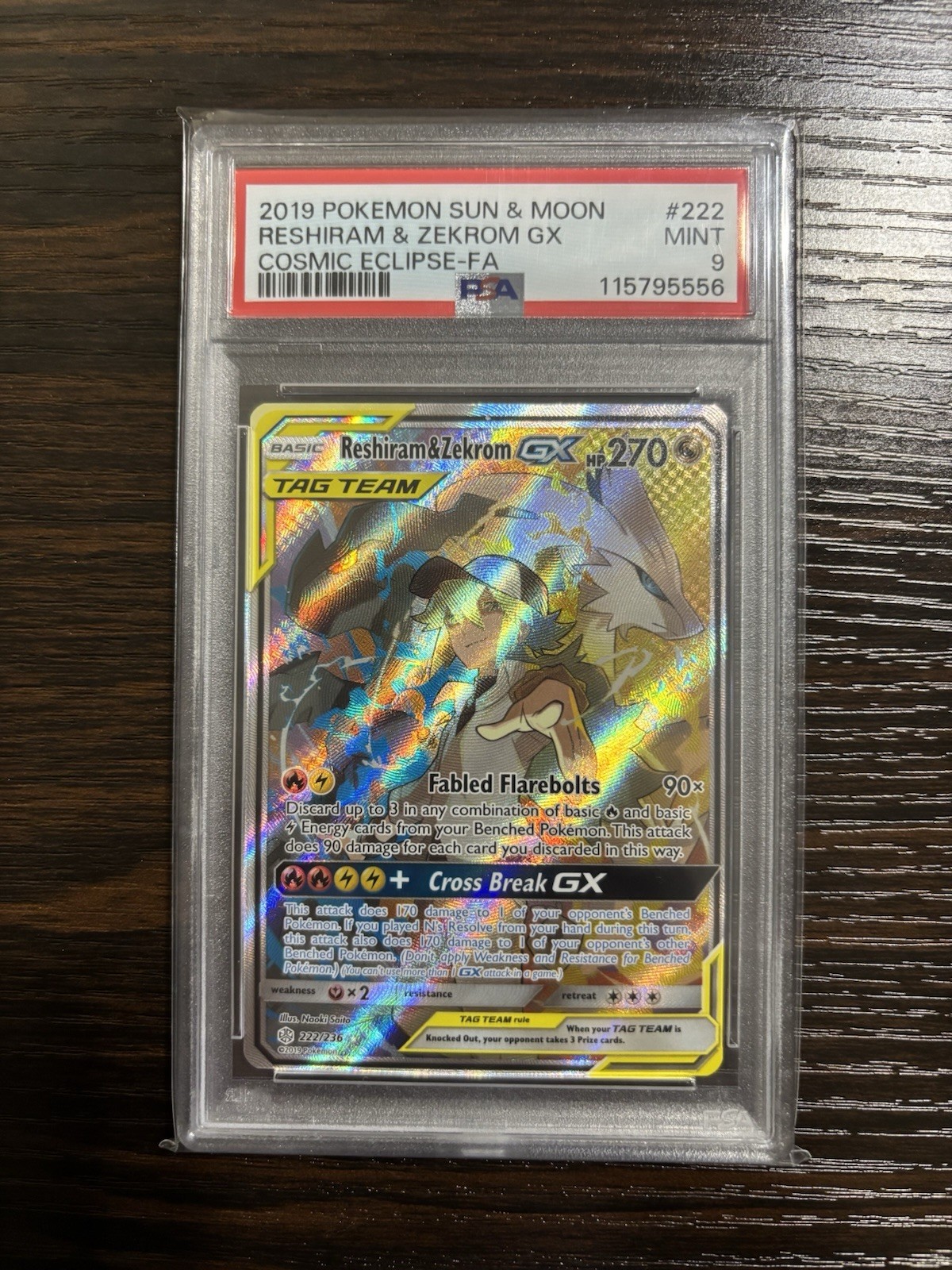 PSA 9 Reshiram & Zekrom Gx #222 2019 Pokemon Sun & Moon Cosmic Eclipse