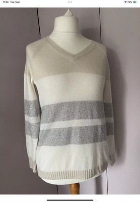 Max Mara Studio Strickpullover beige, weiß, grau gestreift V-Ausschnitt Medium