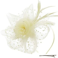 Wheebo Fascinator Hat Flower Feather Mesh Veil Wedding Tea Party A-beige