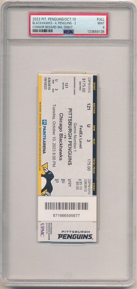 CONNOR BEDARD NHL DEBUT FULL TICKET 2023 NHL PENGUINS BLACKHAWKS PSA 9 MINT