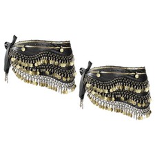 2 Pcs Belly Dance Hip Scarf 59x11" with 248 Gold Coin, Black