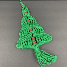 Vintage Macrame Christmas Tree Wall Hanging Boho 1970  s Green w/ Red Beads 17  