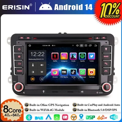 ERISIN Android 14 Autoradio GPS pour VW Skoda Seat Passat CC Golf 5 6 Tiguan Jetta Polo