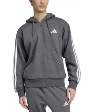 Adidas Men's M Essentials Fleece 3-Stripes Full-Zip Hoodie Gray White IJ6480