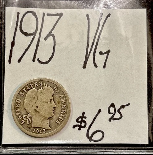 1913 Barber Silver Dime (VG) Very Good Condition! ENN Coins!