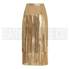 Womens Gold Leather Fringe Skirt Metallic Midi-Length Lambskin Party Outfit