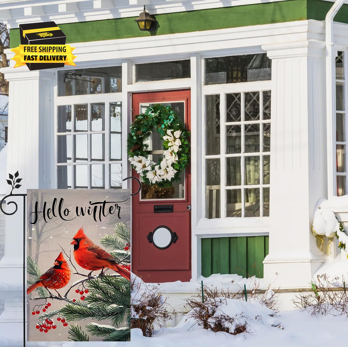 Winter Cardinal Bird Garden Flag 12X18 Double Sided Christmas Banners for outsid