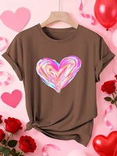 Women's Heart Art Printed T-shirt Ladies Short Sleeve Round Neck Tops Soft ♪