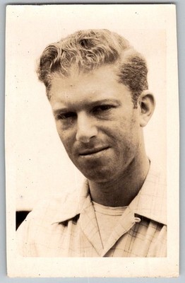 Vtg B&W Snapshot Handsome Man Wavy Hair Plaid Shirt Close Up Portrait Late 1940s