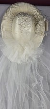 Vintage 1990s Ivory Bridal Pillbox Hat with Cathedral Length Veil and Faux...