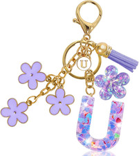 Resin Alphabet Initial Letter Keychain Tassel Flower Pendant Key Ring for Purse
