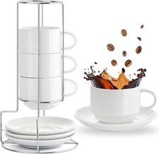 8 Ounce Porcelain Cappuccino Cups with Saucers and Metal Stand, Stackable Coffe