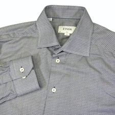 Eton Dress Shirt Men M Blue Slim Fit Micro Check Texture Long Button Up 15 3/4