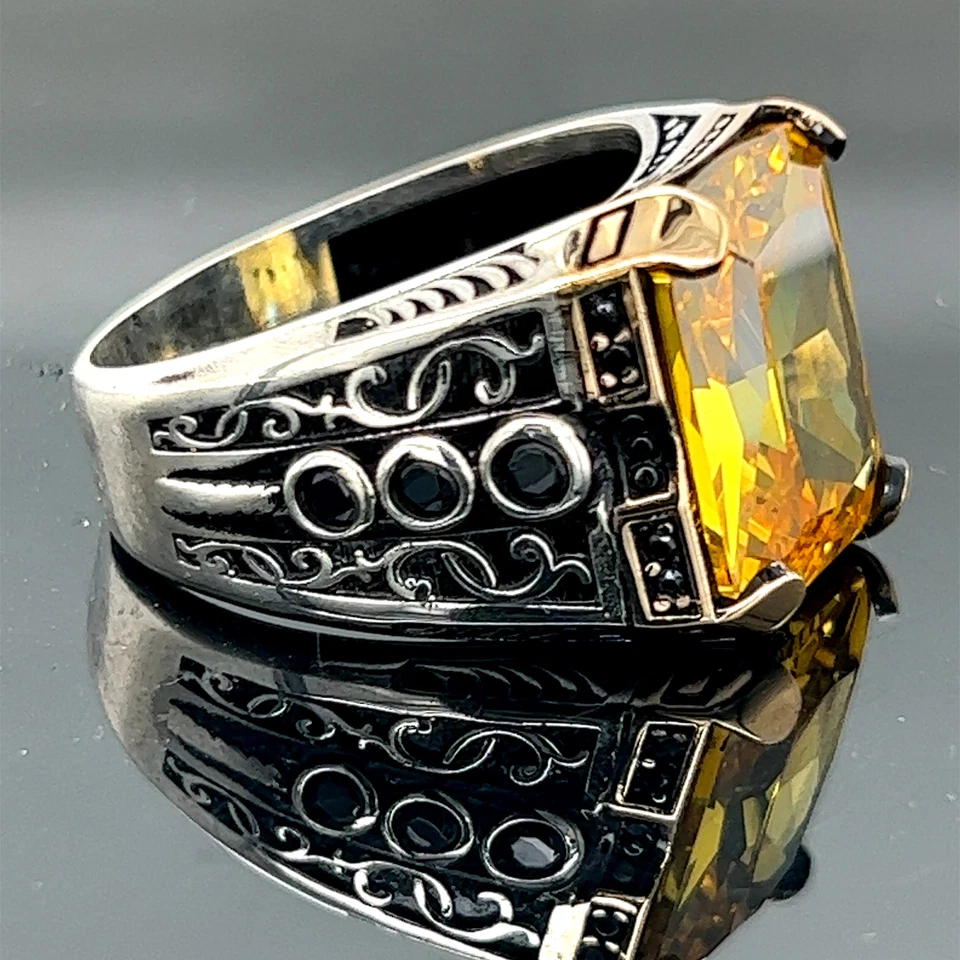 Anillo de plata 925 para hombre de ónix negro anillo grande de plata con piedras preciosas de ónix estilo otomano Foto 2 de 4