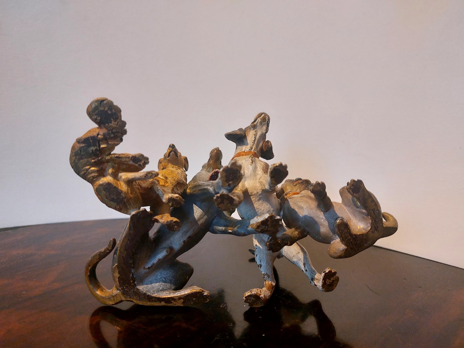 Antique Bronze Vienna Dog Group Sculpture, 19th Century, Cold Painted