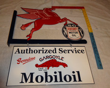 VINTAGE MOBIL PEGASUS SOCONY & GARGOYLE PORCELAIN METAL GASOLINE OIL FLANGE SIGN