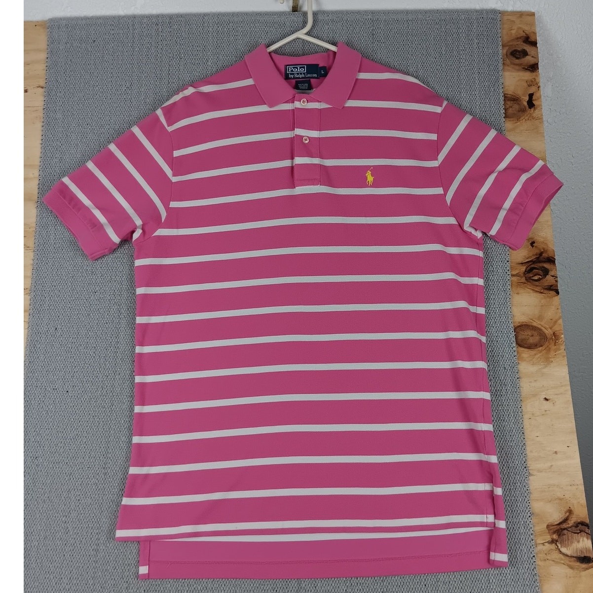 Polo Ralph Lauren vintage camicia uomo grande rosa bianco a righe giallo logo pony