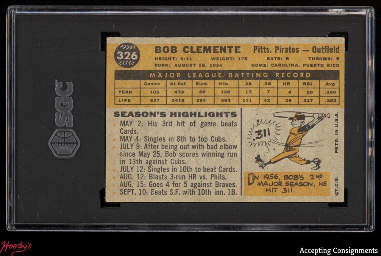 1960 Topps #326 Roberto Clemente PIRATES SGC 4 view 2
