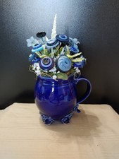 blue and white button bouquet in David Austin Coffee Mug. tiny chips-see pics