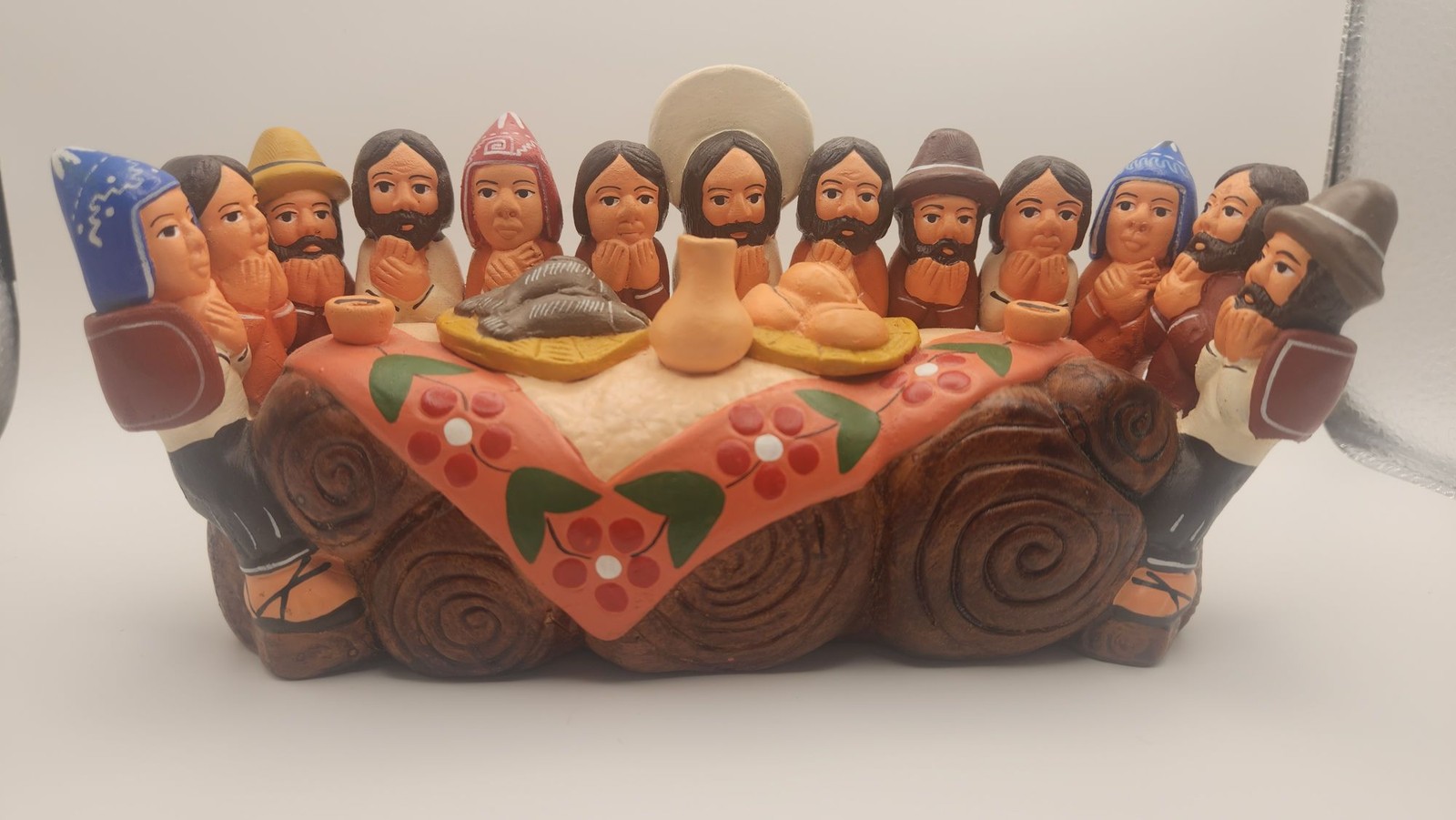 Peruvian Clay Last Supper Figurine Hand Painted Folk Art Pottery