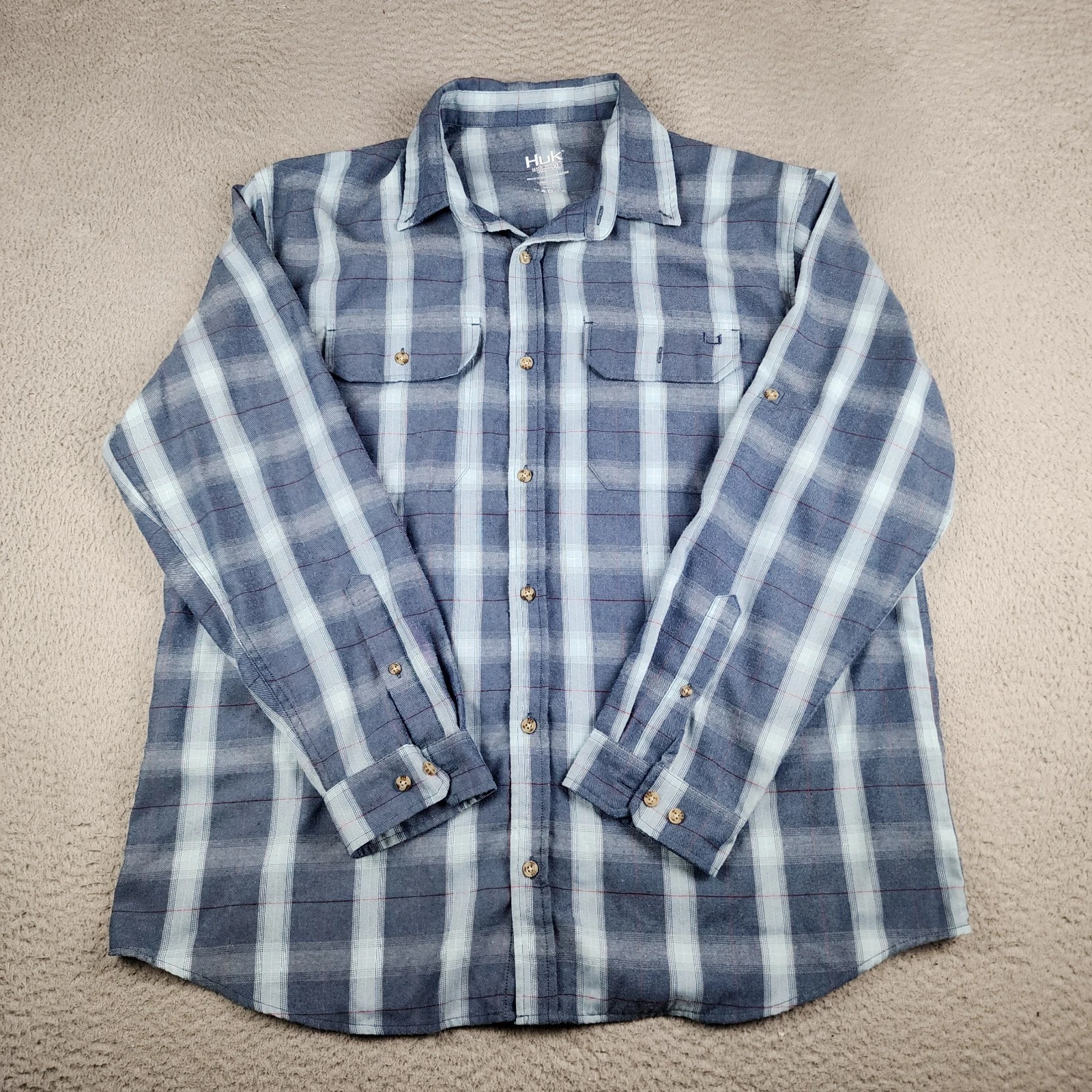 Huk Shirt Mens Extra Large Blue Plaid Long Sleeve Fishing Hiking Camping Outdoor