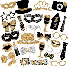 30 Pieces Black Golden Photo Booth Props for Birthday Wedding New Year Party,...
