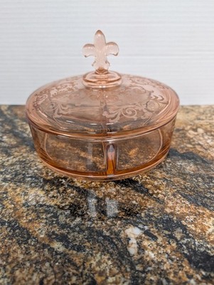 Pink Fostoria Versailles Covered 3-Part Fleur-De-Lis Candy Jar #2331