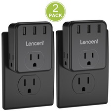 2 Pack LENCENT Wall Outlet Extender Multi Plug Splitter w/ 3 USB Ports Black