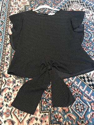 MONTEAU WOMENS Size Medium Black White Flutter Sleeve Tie POLKA DOT TOP BLOUSE